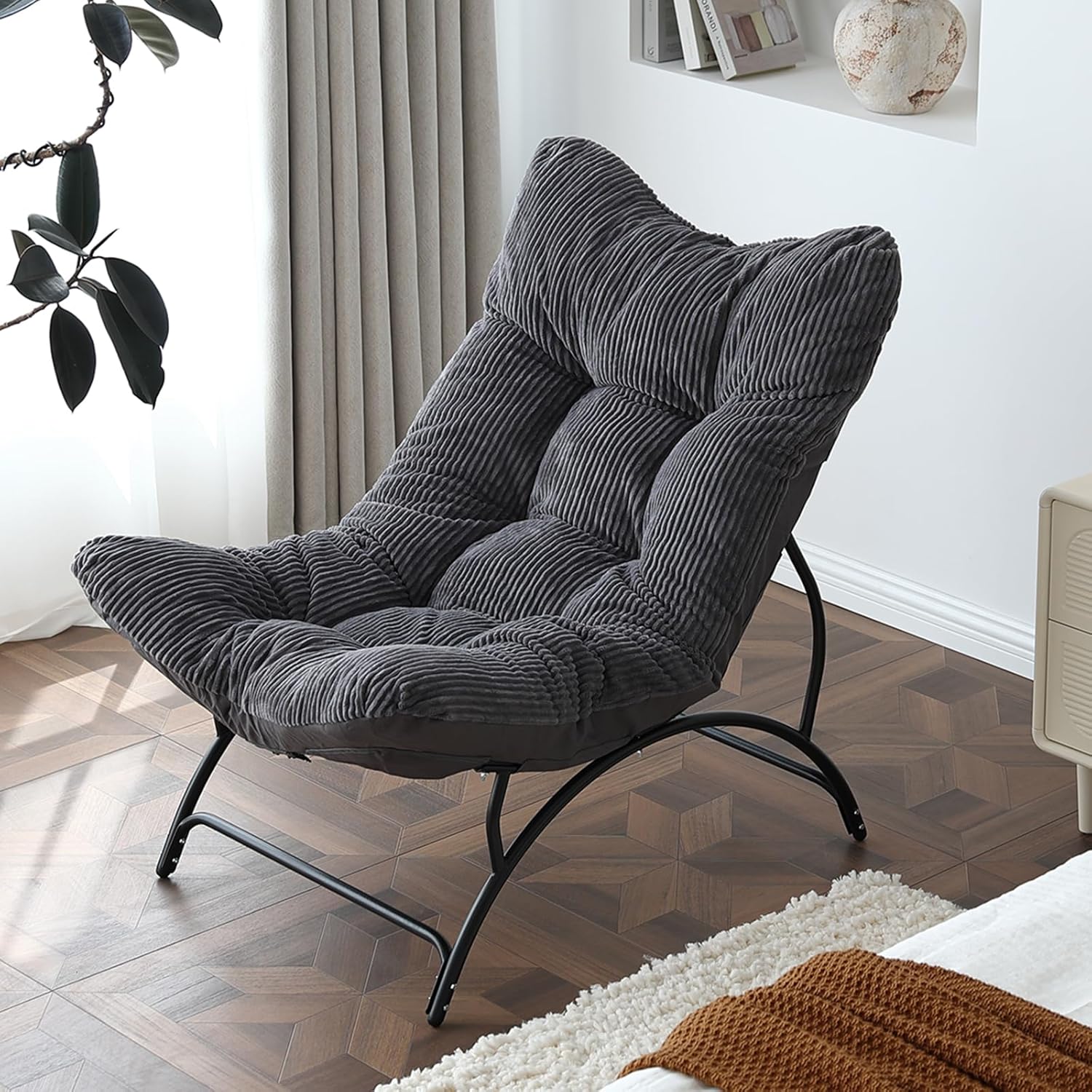 Lazy Chair, Comfy Soft Leisure Metal Frame Reading Chair, Upholstered Thick Cushion Seated Recliner Sofa for Living Room, Bedroom, Dorm, Dark Grey