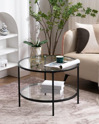 25.6" Round Black Coffee Tables for Living Room, 2-Tier Glass Top Coffee Table with Storage Clear Coffee, Simple & Modern Center Table for Small Space