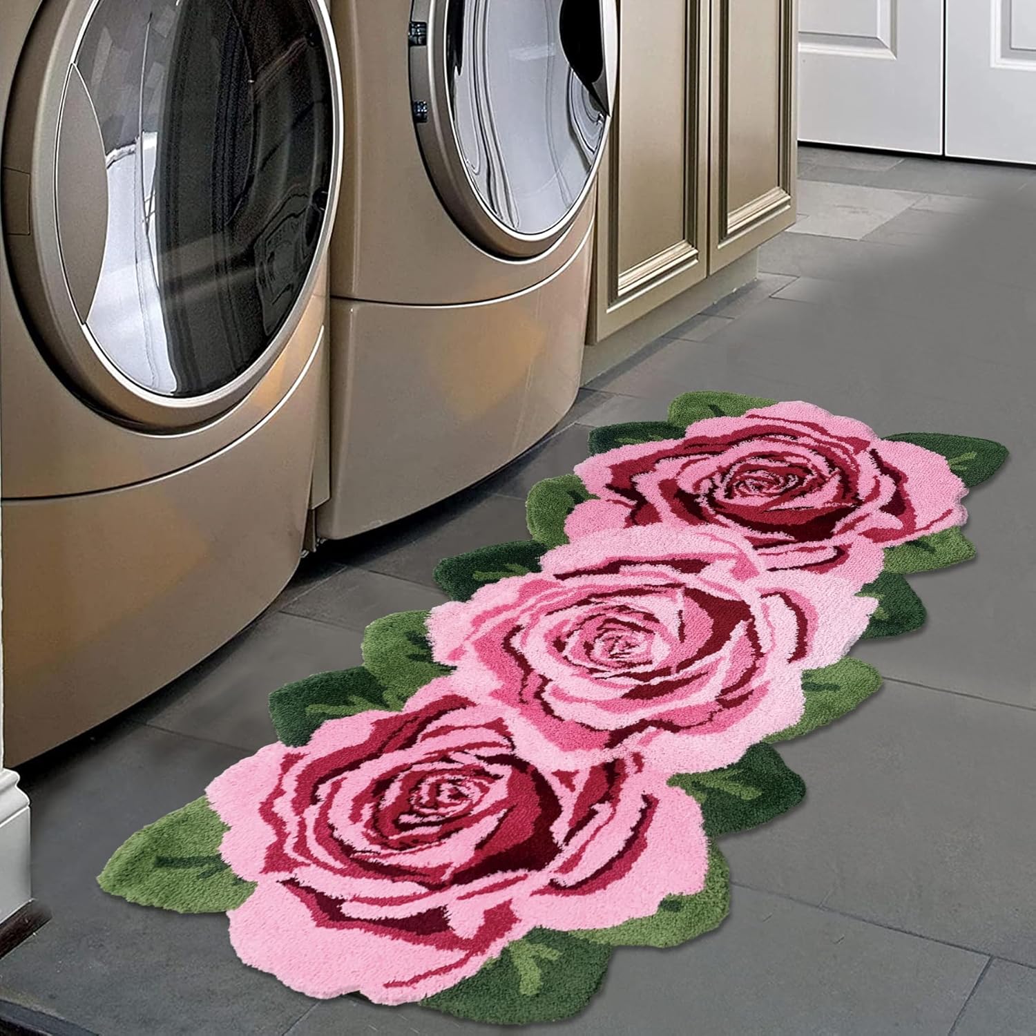 Fluffy Rose Rug,Pink Rose Runner Rug Nonslip Handmade Rug s Washable Floor Runner Mats for Living Room, Laundry Room, Hallway, and Bathroom High Pile