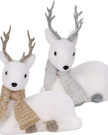 Christmas Tabletop Ornaments, Set of 2 Flocking White Lying Reindeer Figurines with Glittered Antler and Feet, Xmas Holiday Winter Mantle Shelf Centerpieces Decoration, Golden & Silver