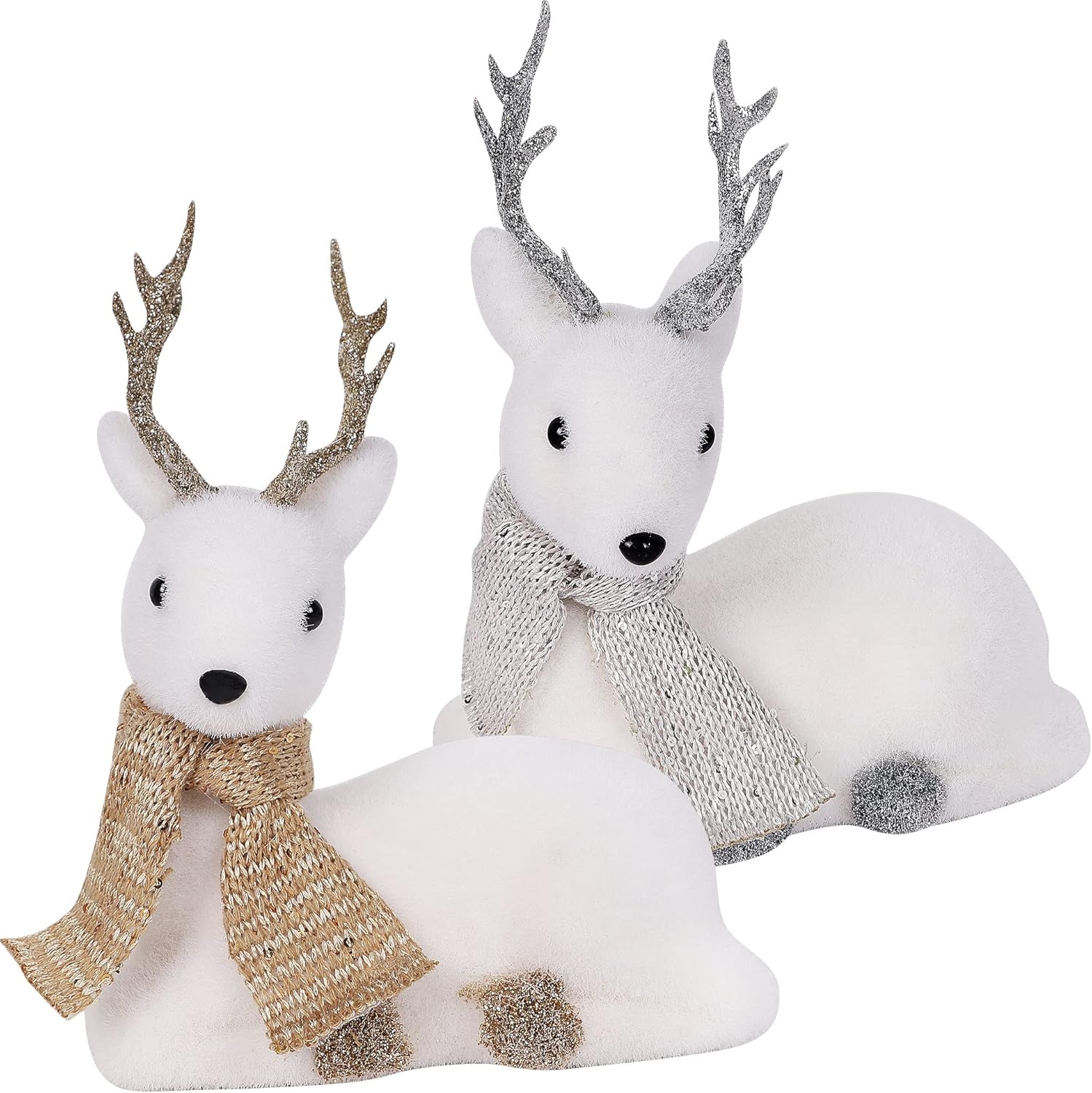 Christmas Tabletop Ornaments, Set of 2 Flocking White Lying Reindeer Figurines with Glittered Antler and Feet, Xmas Holiday Winter Mantle Shelf Centerpieces Decoration, Golden & Silver