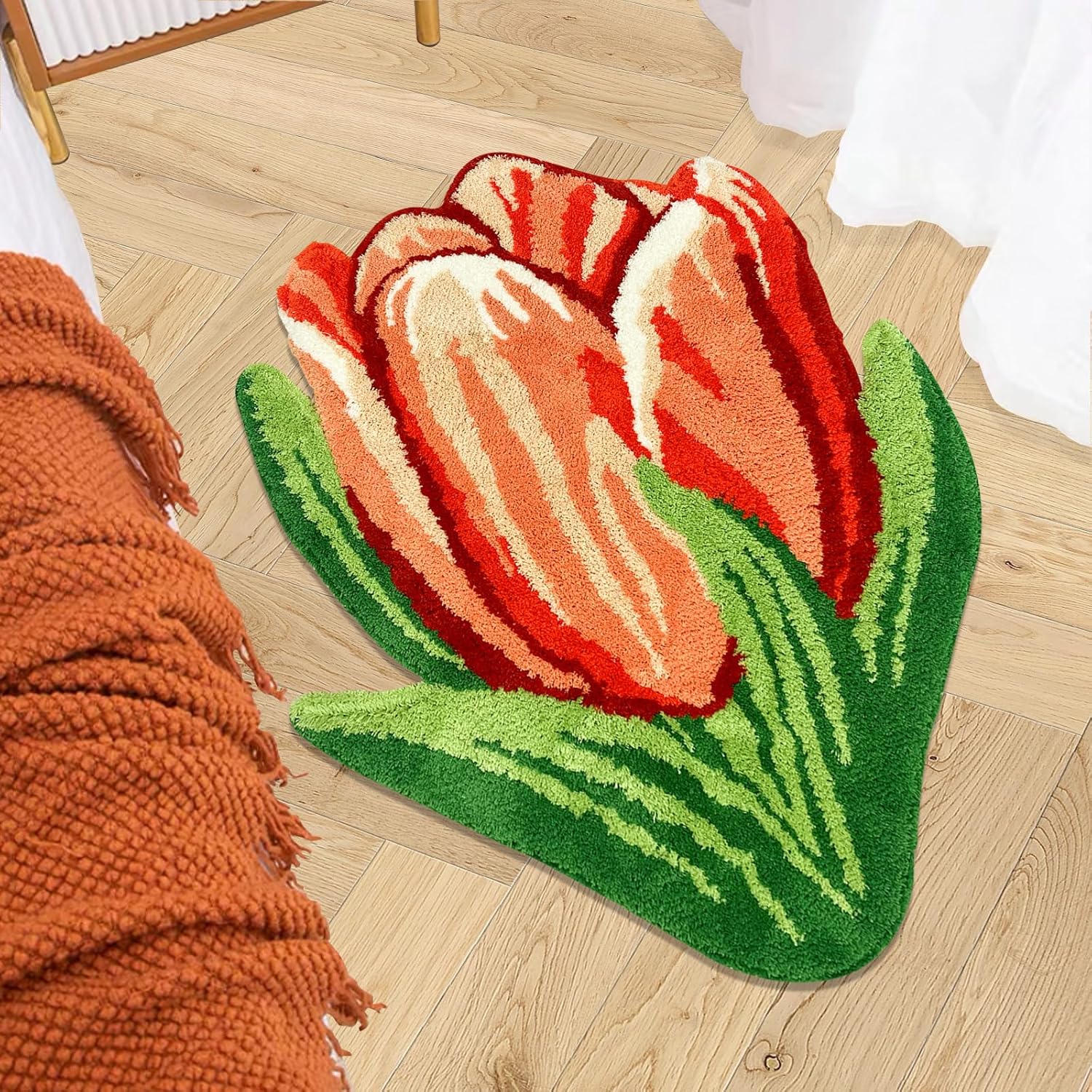 Floral Shaped Rug Vibrant Tulip Flower Area Rug Fluffy Handmade Bathroom Rug s Floor Mats for Bedroom, Laundry Room, Hallway, and Bathroom High Pile