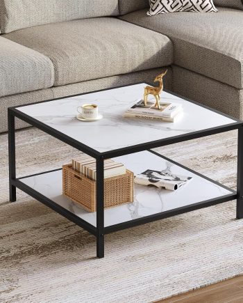 White Coffee Table with Storage 2 Tier Modern Suqare Coffee Tables for Living Room Small Faux Marble Center Table for Office Apartment Home, Easy Assembly