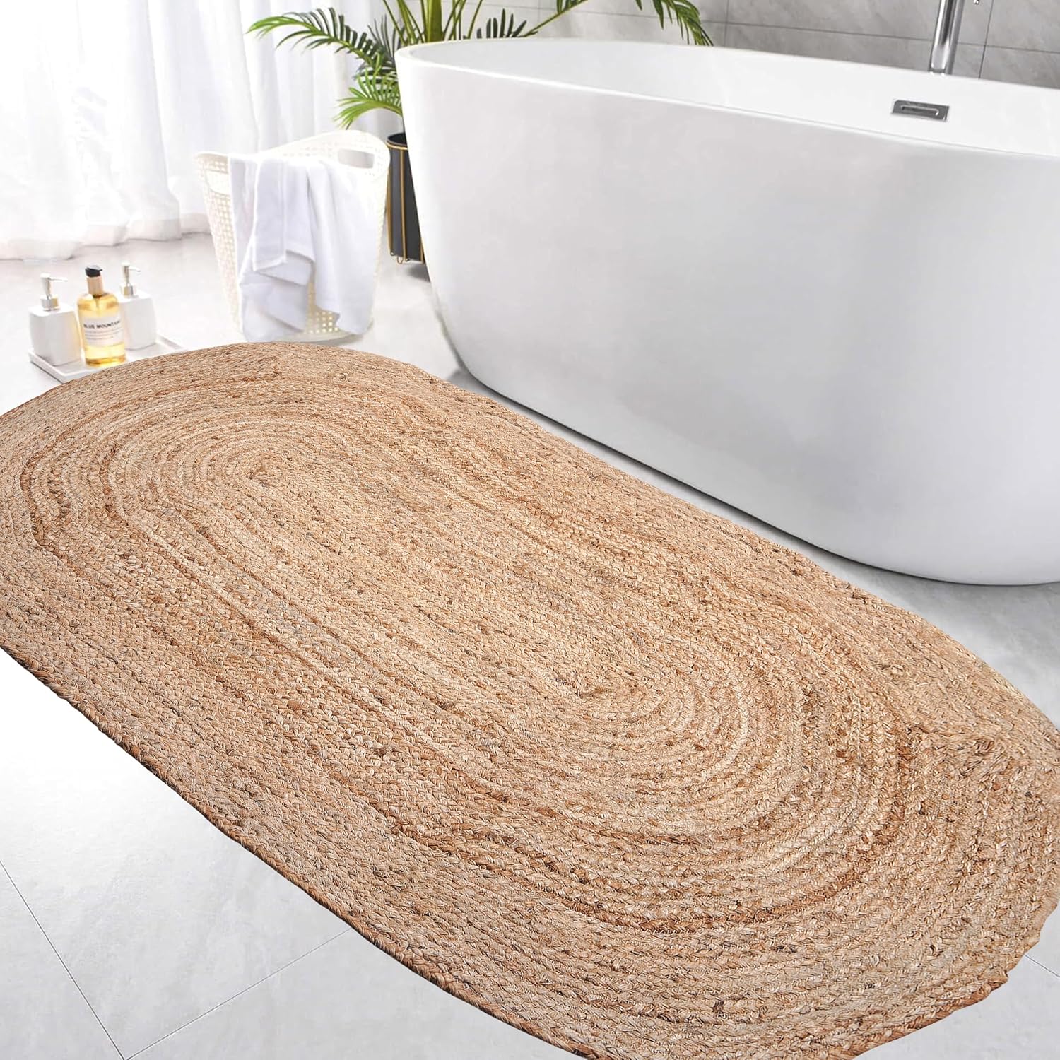 Hand Woven Jute Braided Rug 90X150 CM Handmade Boho Farmhouse Reversible Natural Fiber Living Room Bedroom Vintage Sisal Carpet - 36x60 Inch Oval