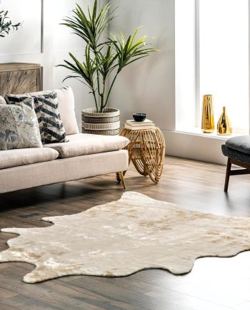 Machine Washable Faux Cowhide Area Rug, Shaped 3'10"x5', Off-White