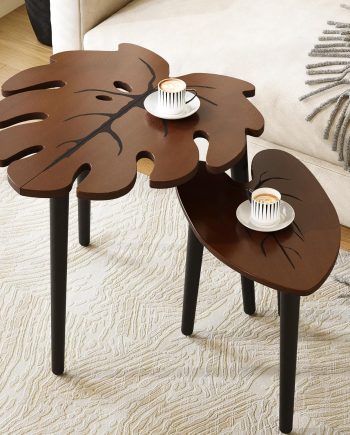 Monstera Leaf Nesting Tables Set of 2, Small Coffee Table Set with Leaf Vein Pattern, Modern Wooden Side Tables for Living Room Bedroom Apartment Balcony Yard