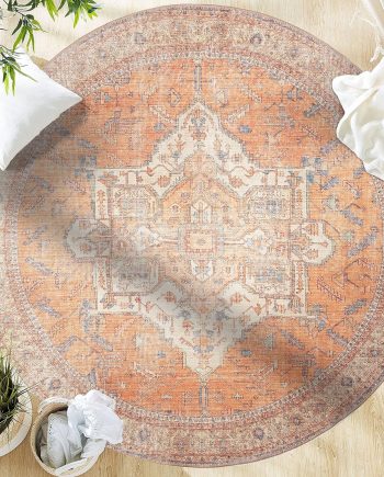 Traditional  - Machine Washable Area Rug, Traditional Washable, Non Slip, Low Pile Chenille Rug, Living Room, Bedroom, Kitchen Rug (5'3" Round Burnt Orange)